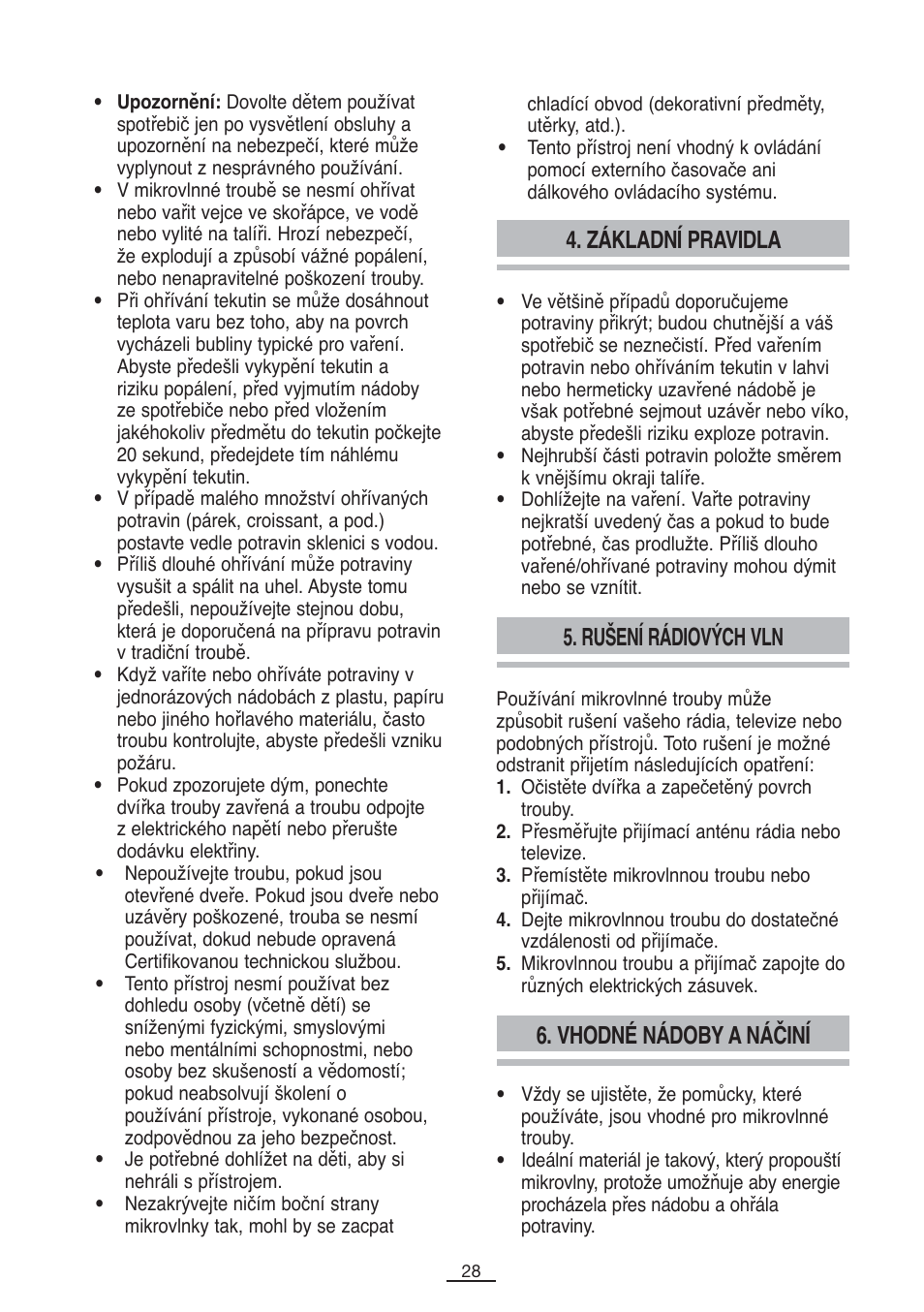 Základní pravidla, Rušení rádiových vln, Vhodné nádoby a náčiní | Fagor SPOUT-28BO User Manual | Page 29 / 67