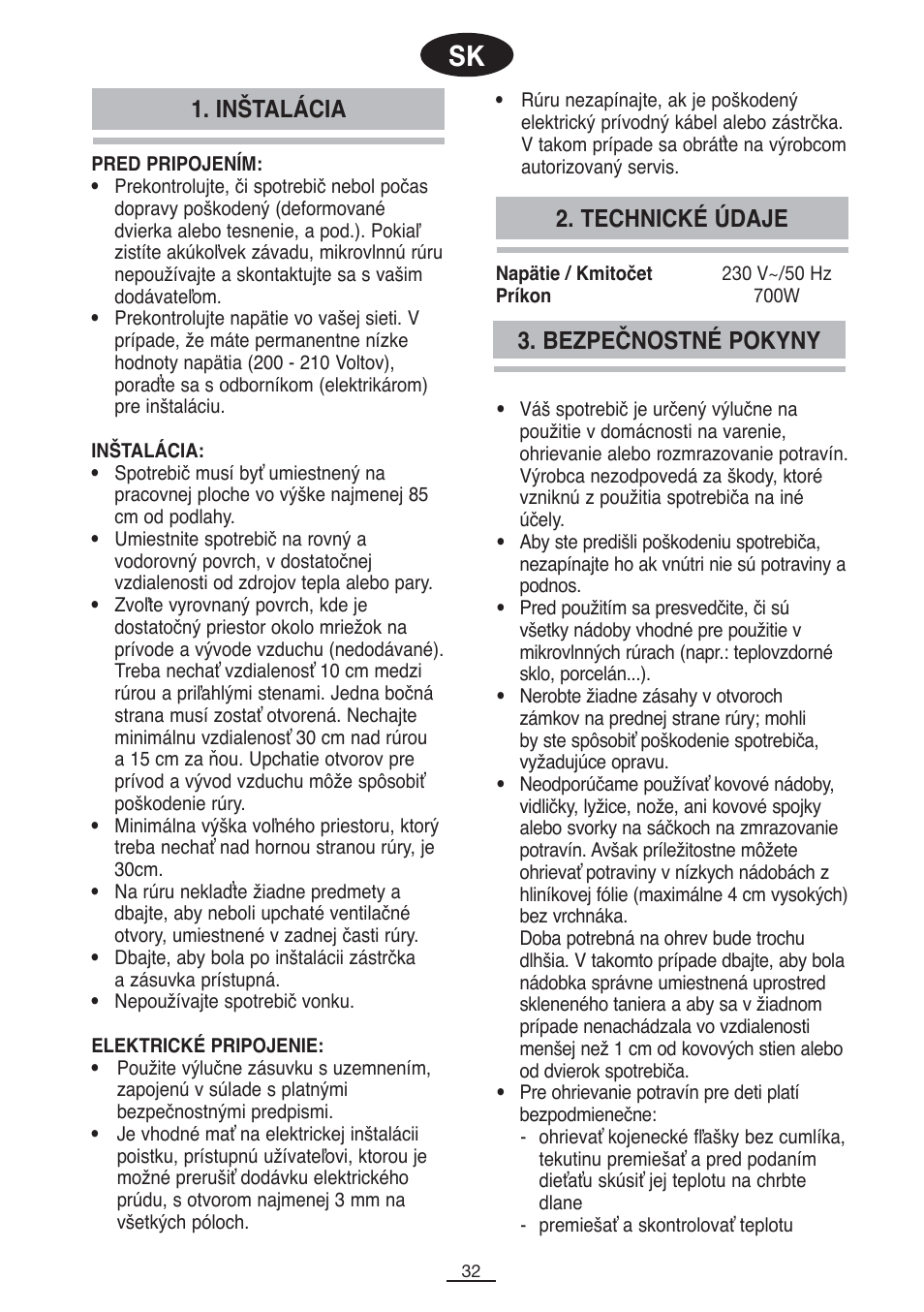 Bezpečnostné pokyny, Inštalácia 2. technické údaje | Fagor SPOUT-28BO User Manual | Page 33 / 67