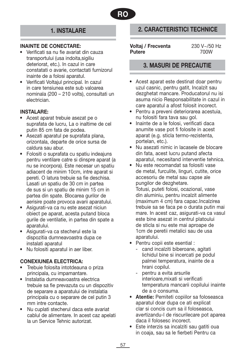 Masuri de precautie, Instalare 2. caracteristici technice | Fagor SPOUT-28BO User Manual | Page 58 / 67