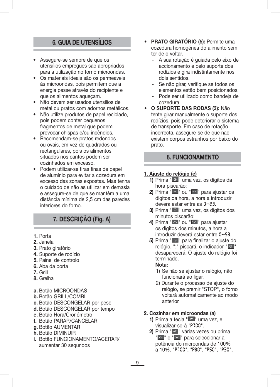Guia de utensílios, Descrição (fig. a) 8. funcionamento | Fagor MO-23DG User Manual | Page 10 / 71