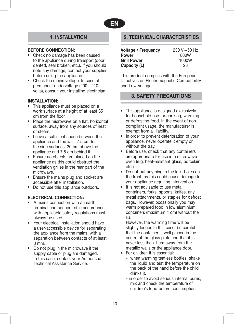 Safety precautions, Installation 2. technical characteristics | Fagor MO-23DG User Manual | Page 14 / 71