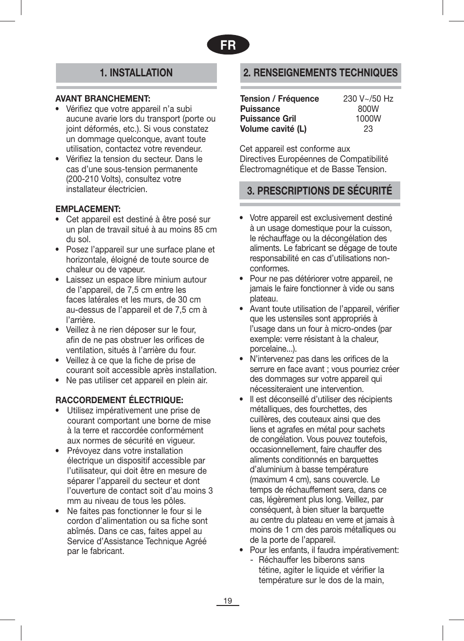 Prescriptions de sécurité, Installation 2. renseignements techniques | Fagor MO-23DG User Manual | Page 20 / 71