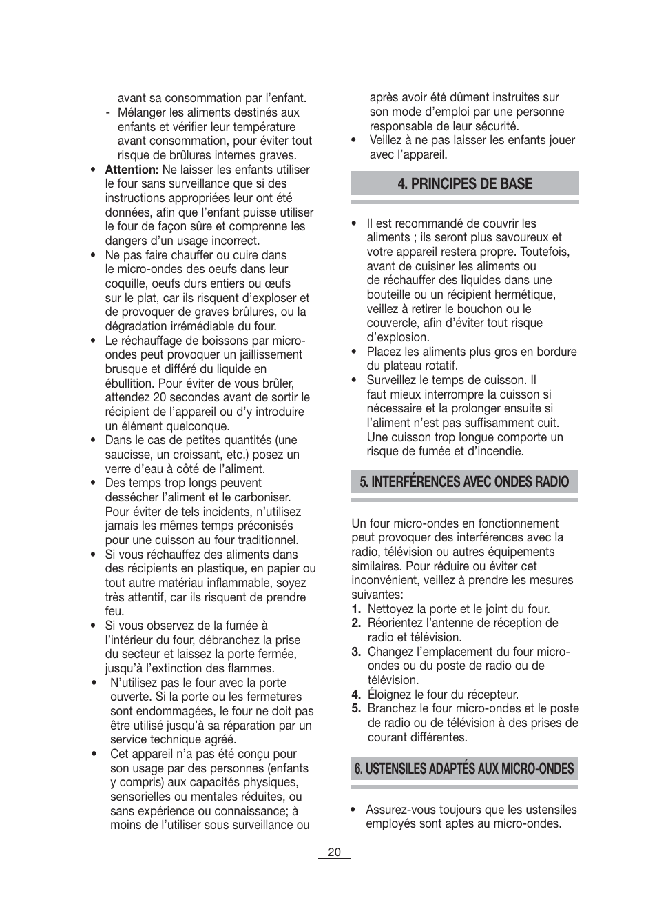 Principes de base, Interférences avec ondes radio, Ustensiles adaptés aux micro-ondes | Fagor MO-23DG User Manual | Page 21 / 71