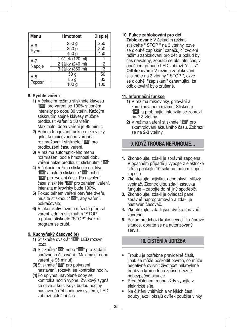 Když trouba nefunguje, Čištění a údržba | Fagor MO-23DG User Manual | Page 36 / 71