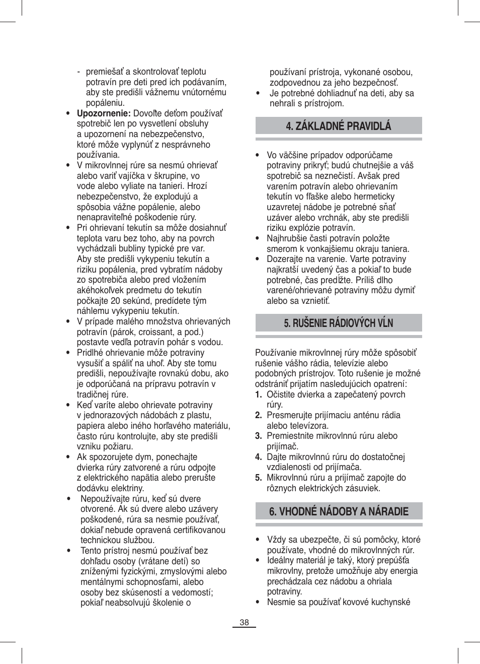 Základné pravidlá, Rušenie rádiových vĺn, Vhodné nádoby a náradie | Fagor MO-23DG User Manual | Page 39 / 71