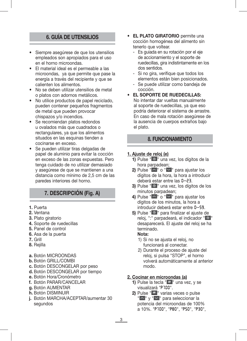 Guía de utensilios, Descripción (fig. a) 8. funcionamiento | Fagor MO-23DG User Manual | Page 4 / 71