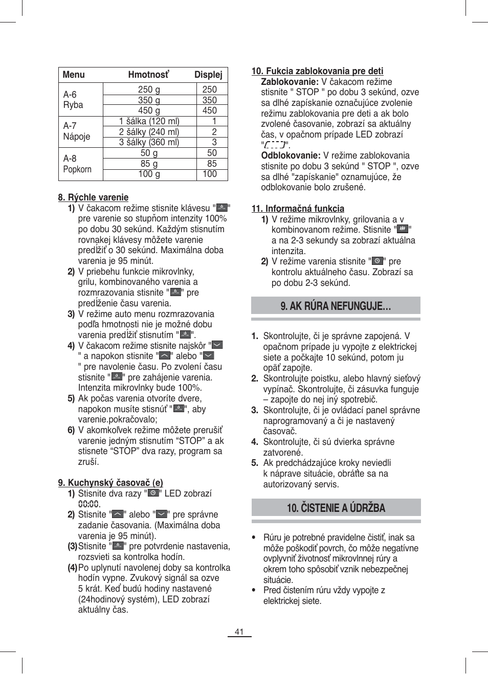 Ak rúra nefunguje, Čistenie a údržba | Fagor MO-23DG User Manual | Page 42 / 71