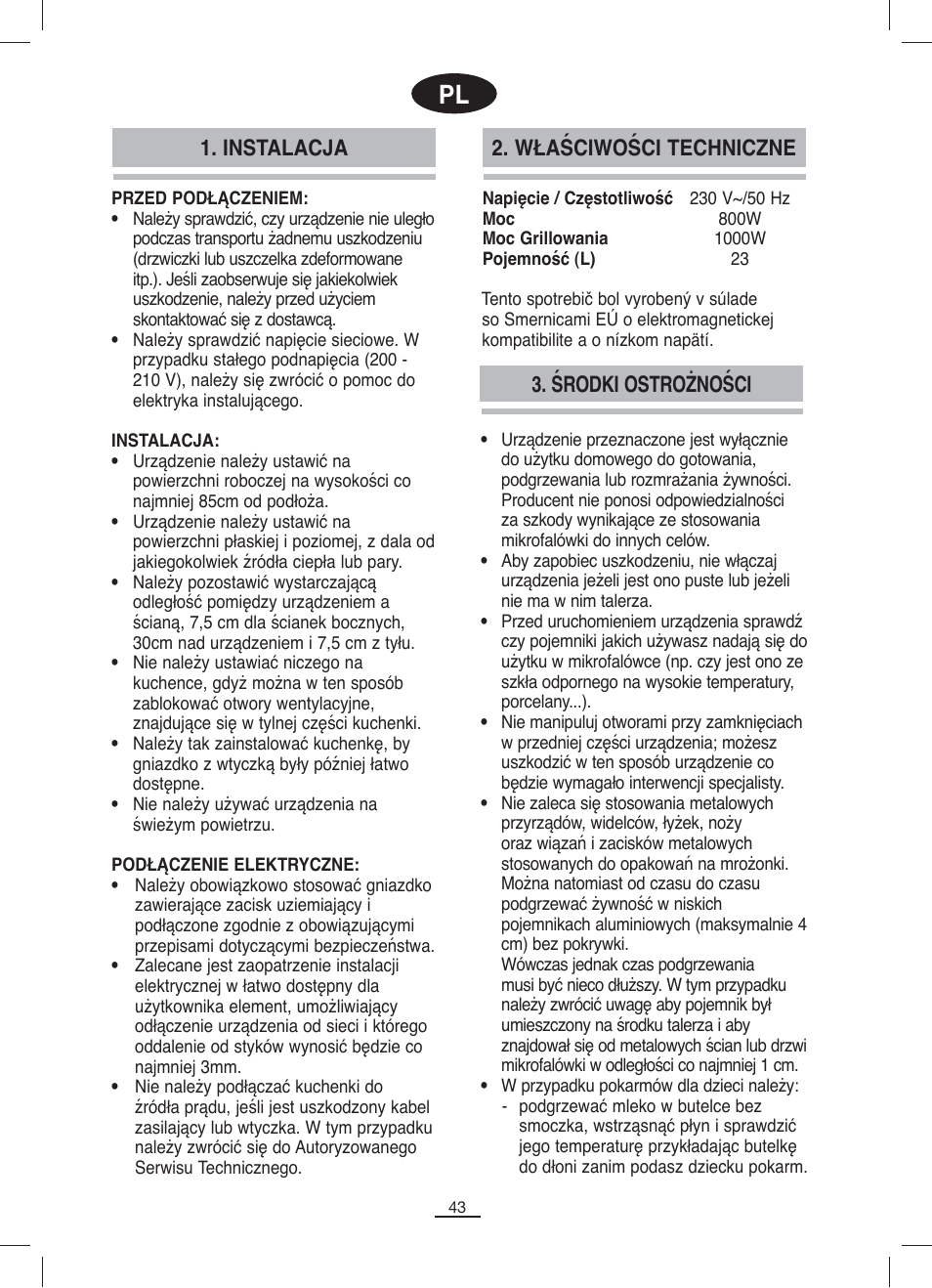 Środki ostrożności, Instalacja 2. właściwości techniczne | Fagor MO-23DG User Manual | Page 44 / 71