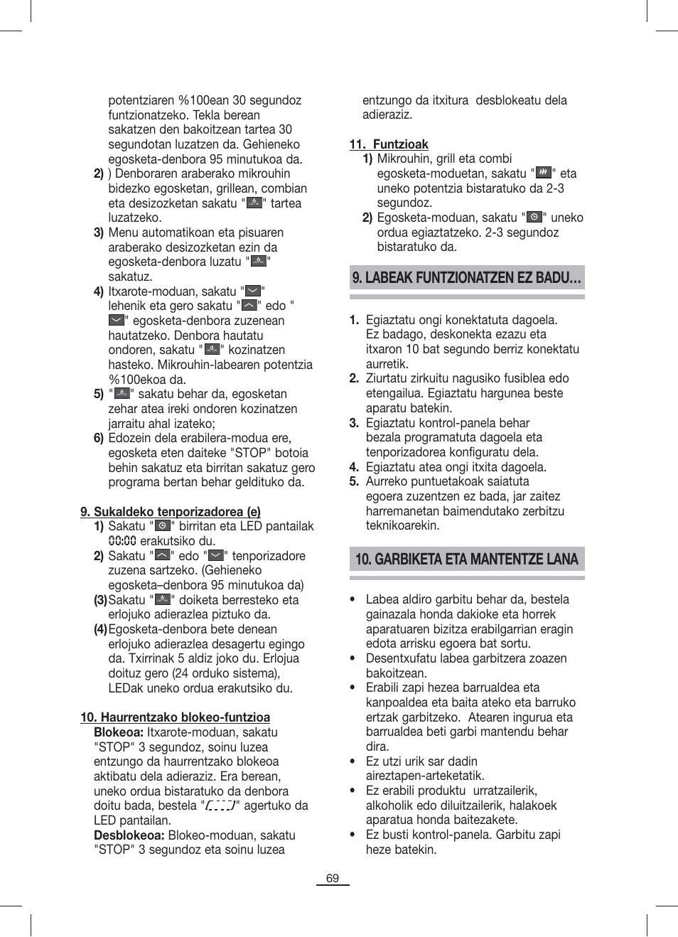 Labeak funtzionatzen ez badu, Garbiketa eta mantentze lana | Fagor MO-23DG User Manual | Page 70 / 71