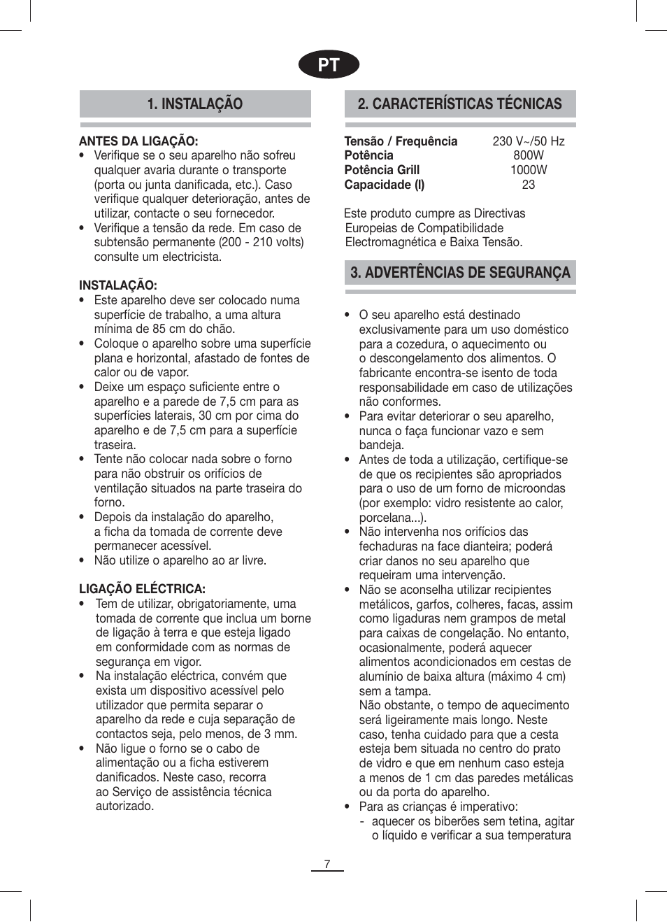 Advertências de segurança, Instalação 2. características técnicas | Fagor MO-23DG User Manual | Page 8 / 71