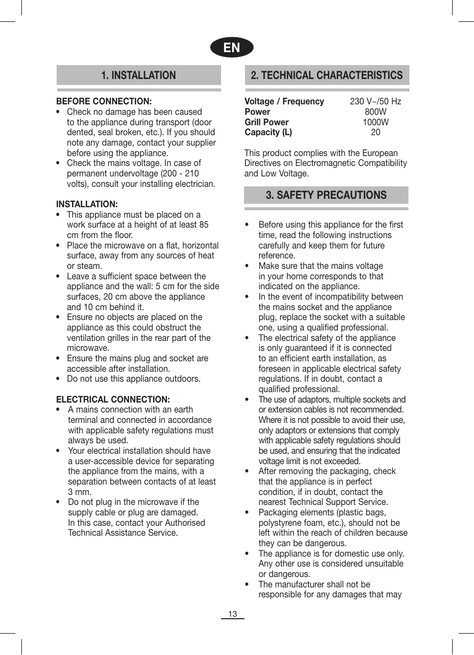 Safety precautions, Installation 2. technical characteristics | Fagor MO-25DGM User Manual | Page 14 / 90