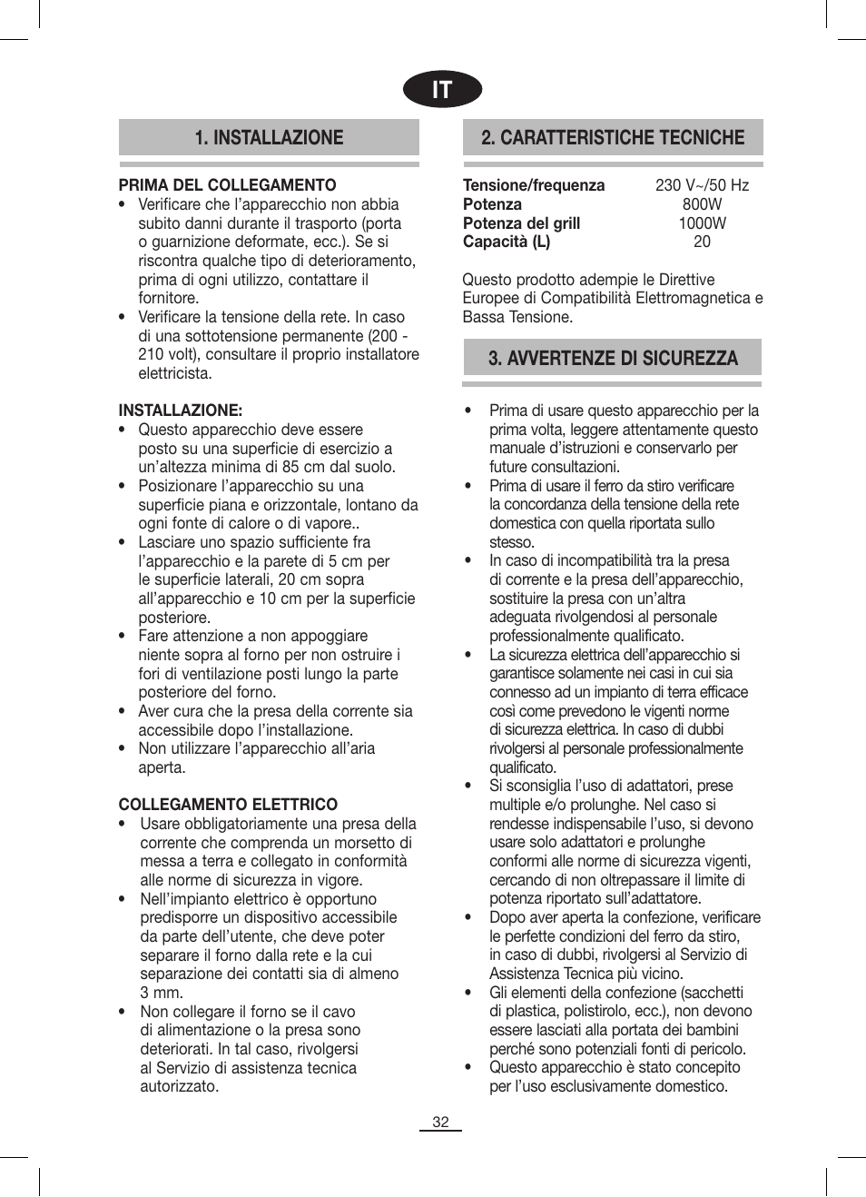 Avvertenze di sicurezza, Installazione 2. caratteristiche tecniche | Fagor MO-25DGM User Manual | Page 33 / 90