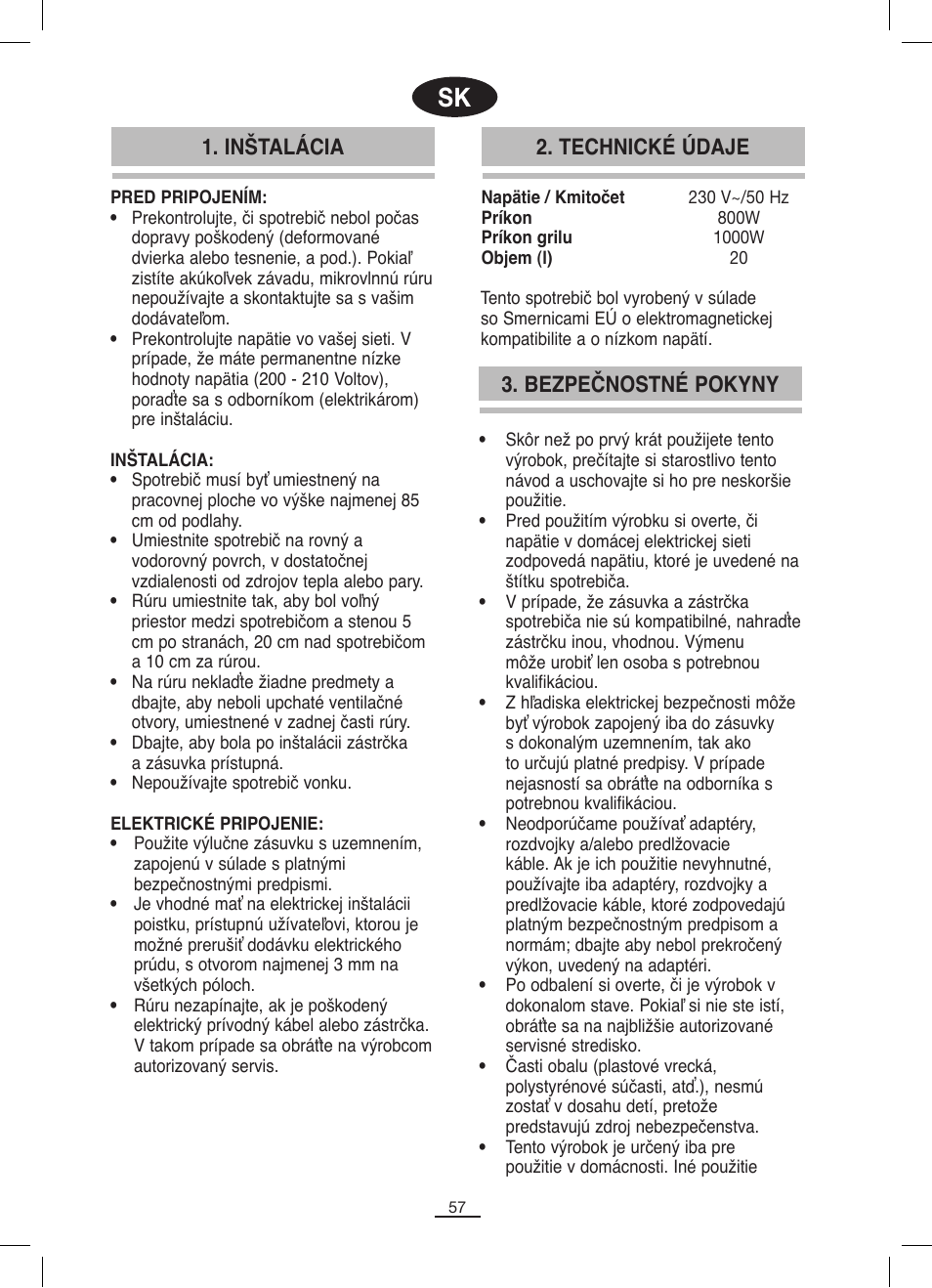 Bezpečnostné pokyny, Inštalácia 2. technické údaje | Fagor MO-25DGM User Manual | Page 58 / 90