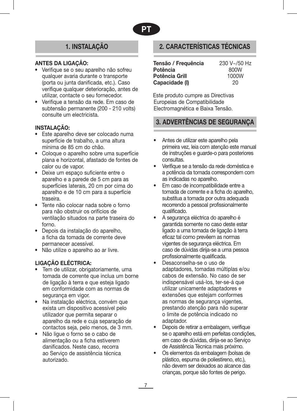 Advertências de segurança, Instalação 2. características técnicas | Fagor MO-25DGM User Manual | Page 8 / 90