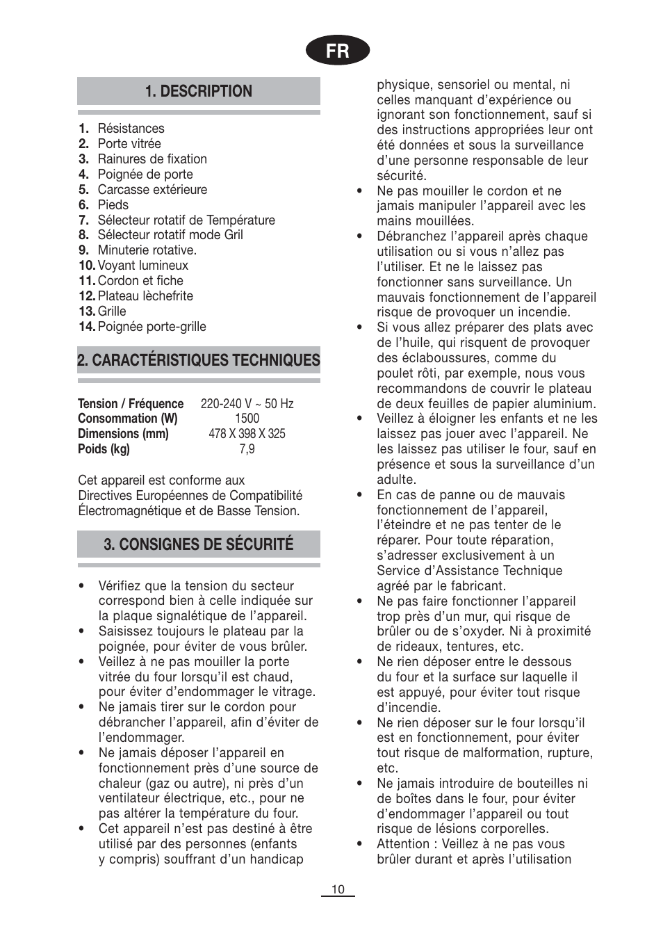 Consignes de sécurité 1. description, Caractéristiques techniques | Fagor MH-26MF User Manual | Page 11 / 37