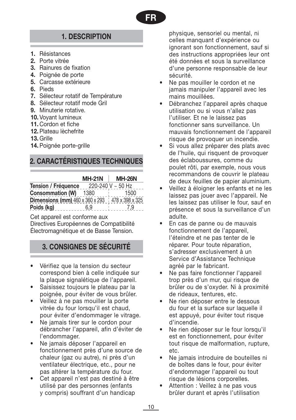 Consignes de sécurité 1. description, Caractéristiques techniques | Fagor MH-21N User Manual | Page 11 / 41