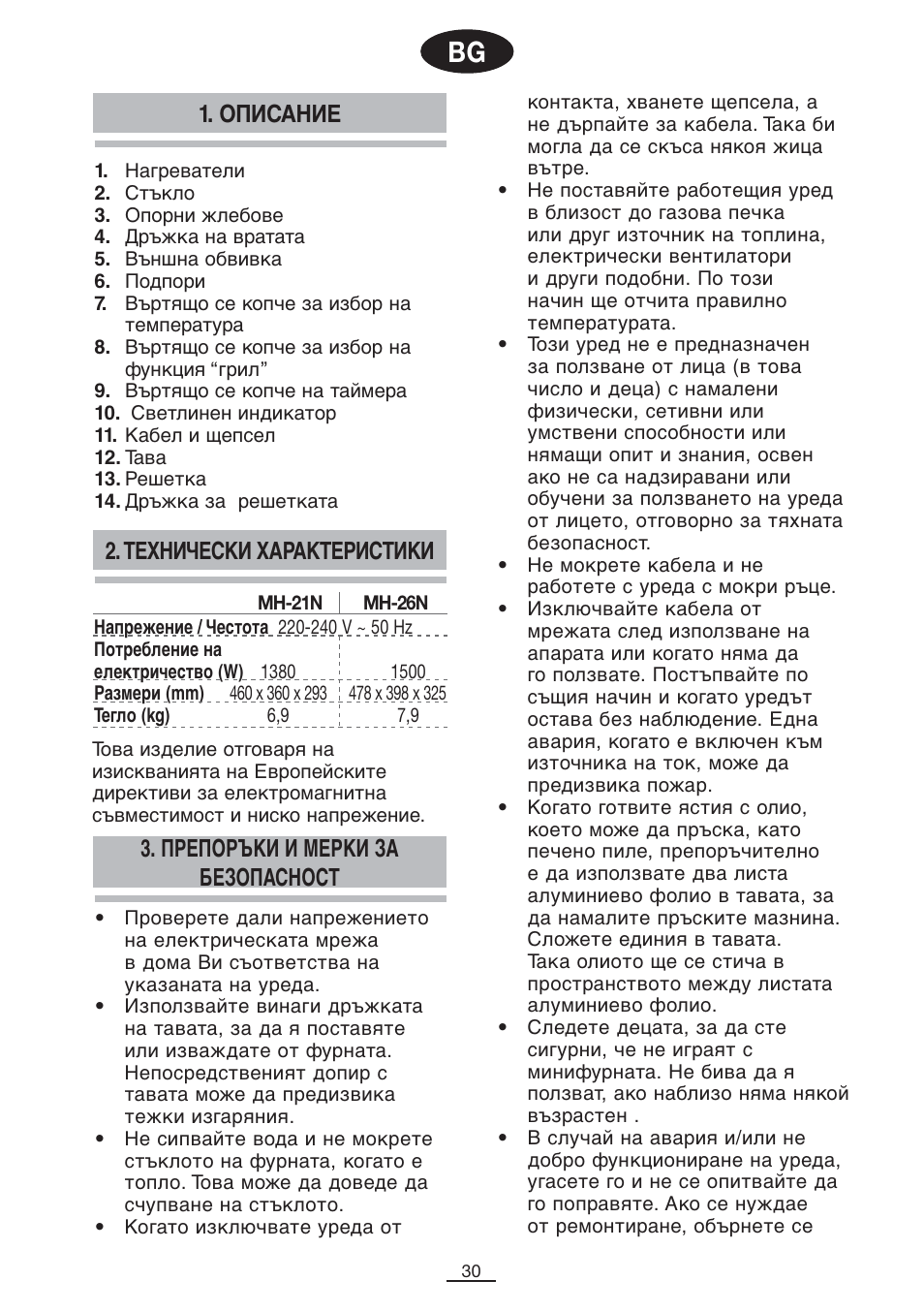 Описание, Препоръки и мерки за безопасност, Технически характеристики | Fagor MH-21N User Manual | Page 31 / 41