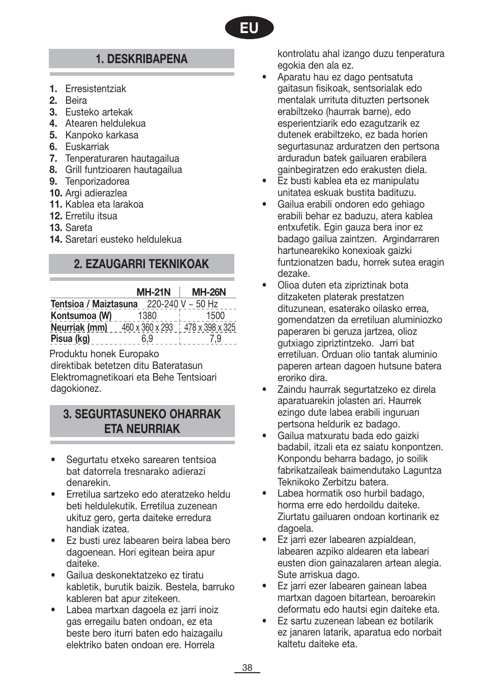 Deskribapena | Fagor MH-21N User Manual | Page 39 / 41