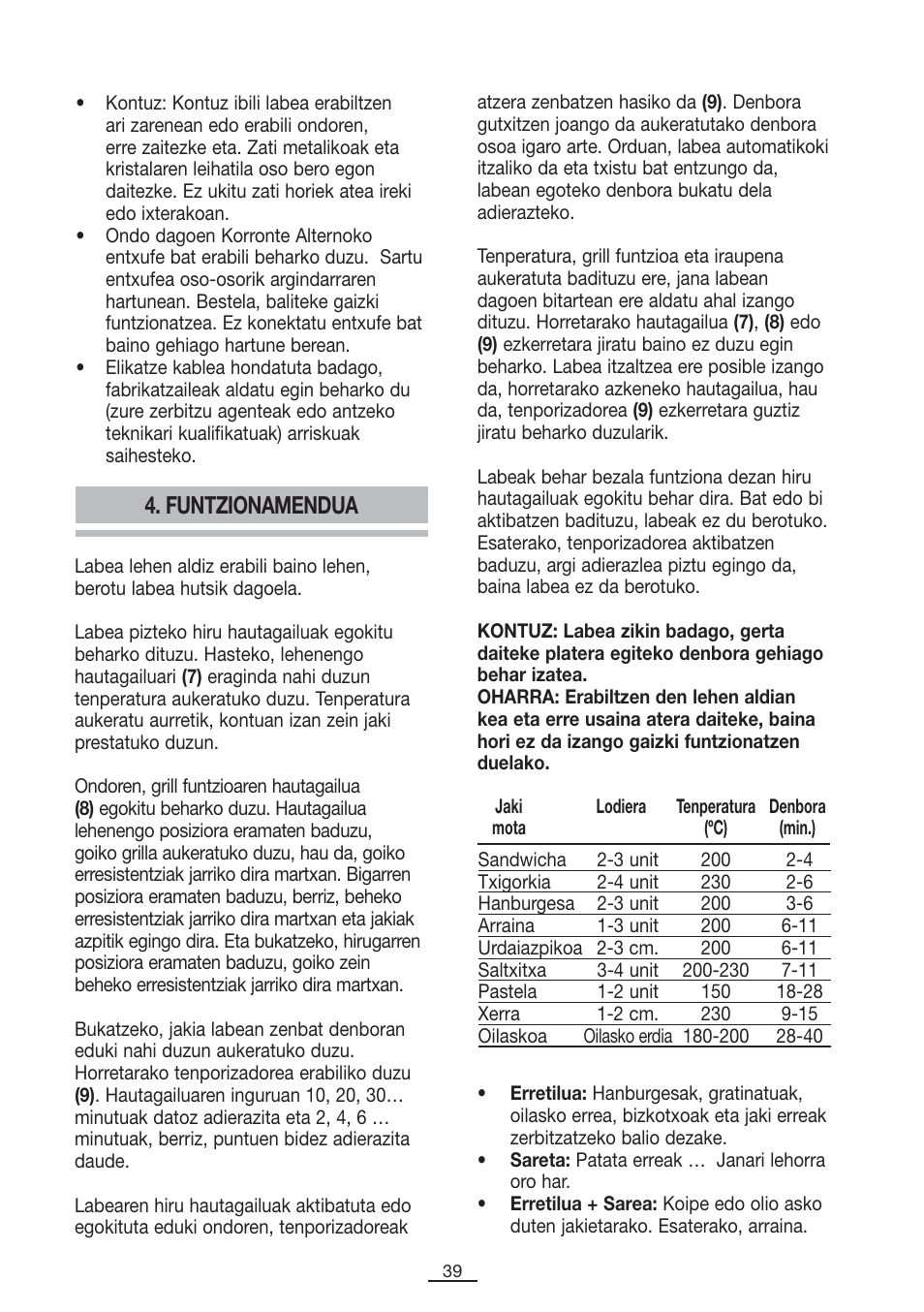 Funtzionamendua | Fagor MH-21N User Manual | Page 40 / 41