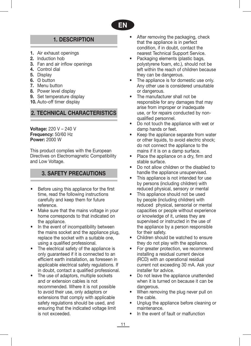 Description, Safety precautions 2. technical characteristics | Fagor IP-400B User Manual | Page 12 / 50