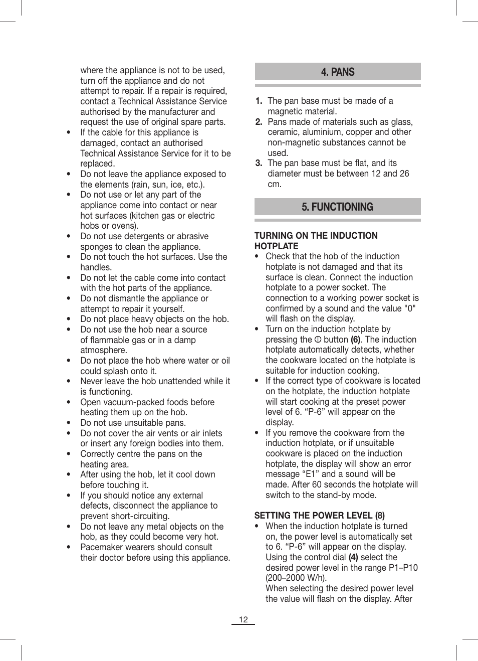 Pans, Functioning | Fagor IP-400B User Manual | Page 13 / 50