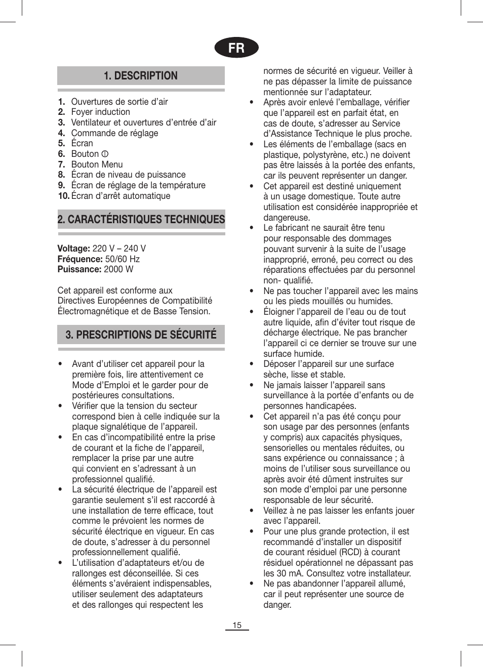 Prescriptions de sécurité 1. description, Caractéristiques techniques | Fagor IP-400B User Manual | Page 16 / 50