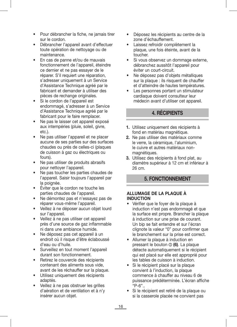 Récipients, Fonctionnement | Fagor IP-400B User Manual | Page 17 / 50