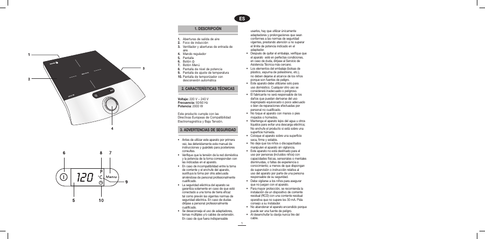 Descripción 3. advertencias de seguridad, Características técnicas | Fagor IP-400B User Manual | Page 2 / 50