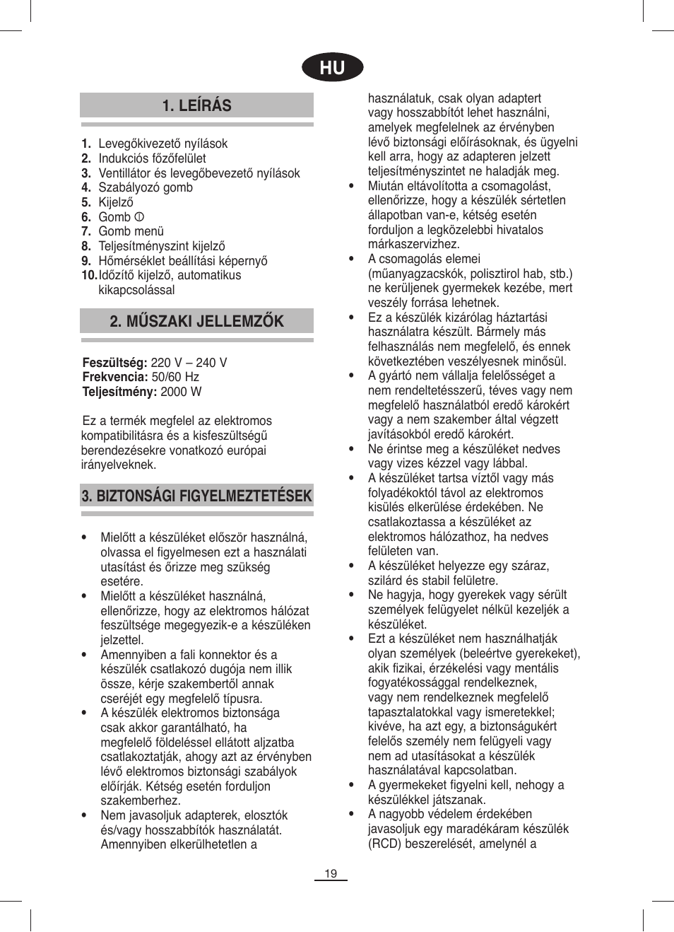 Leírás, Biztonsági figyelmeztetések, Műszaki jellemzők | Fagor IP-400B User Manual | Page 20 / 50