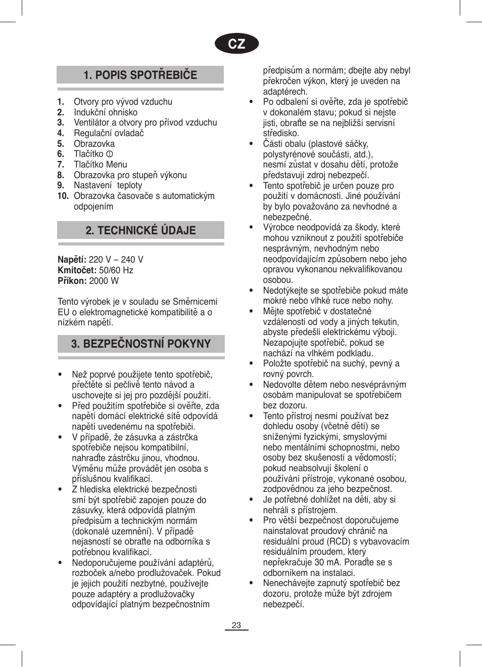 Popis spotřebiče, Bezpečnostní pokyny 2. technické údaje | Fagor IP-400B User Manual | Page 24 / 50