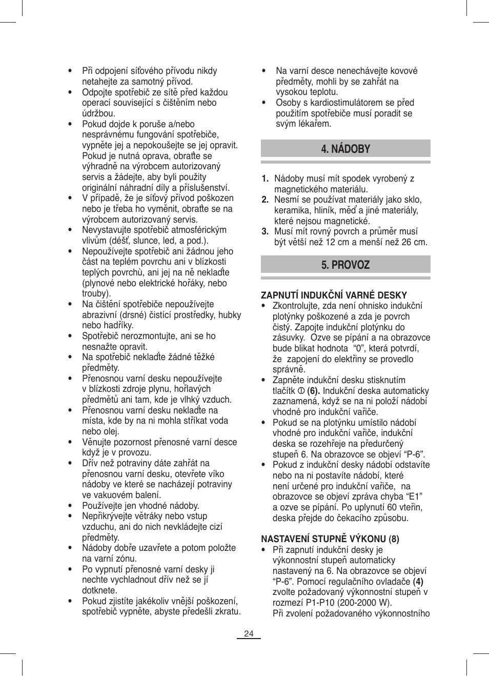 Nádoby, Provoz | Fagor IP-400B User Manual | Page 25 / 50