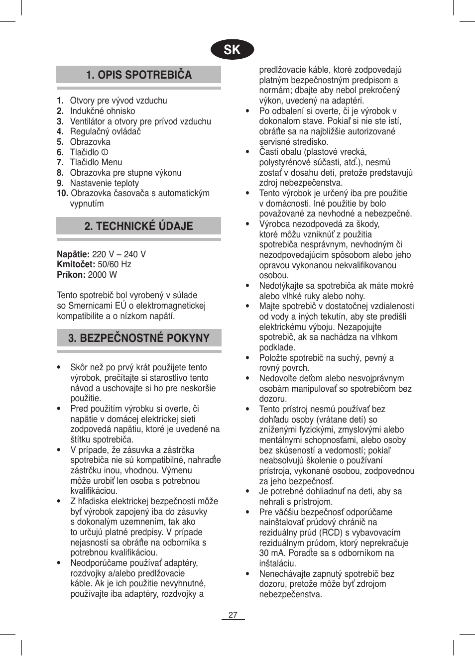 Opis spotrebiča, Bezpečnostné pokyny 2. technické údaje | Fagor IP-400B User Manual | Page 28 / 50