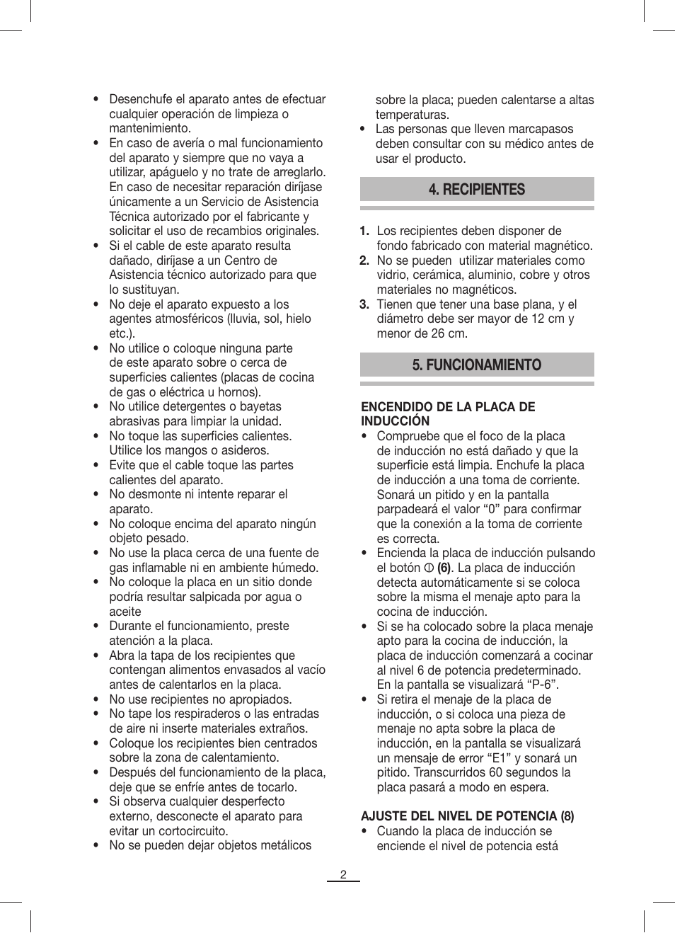 Recipientes, Funcionamiento | Fagor IP-400B User Manual | Page 3 / 50