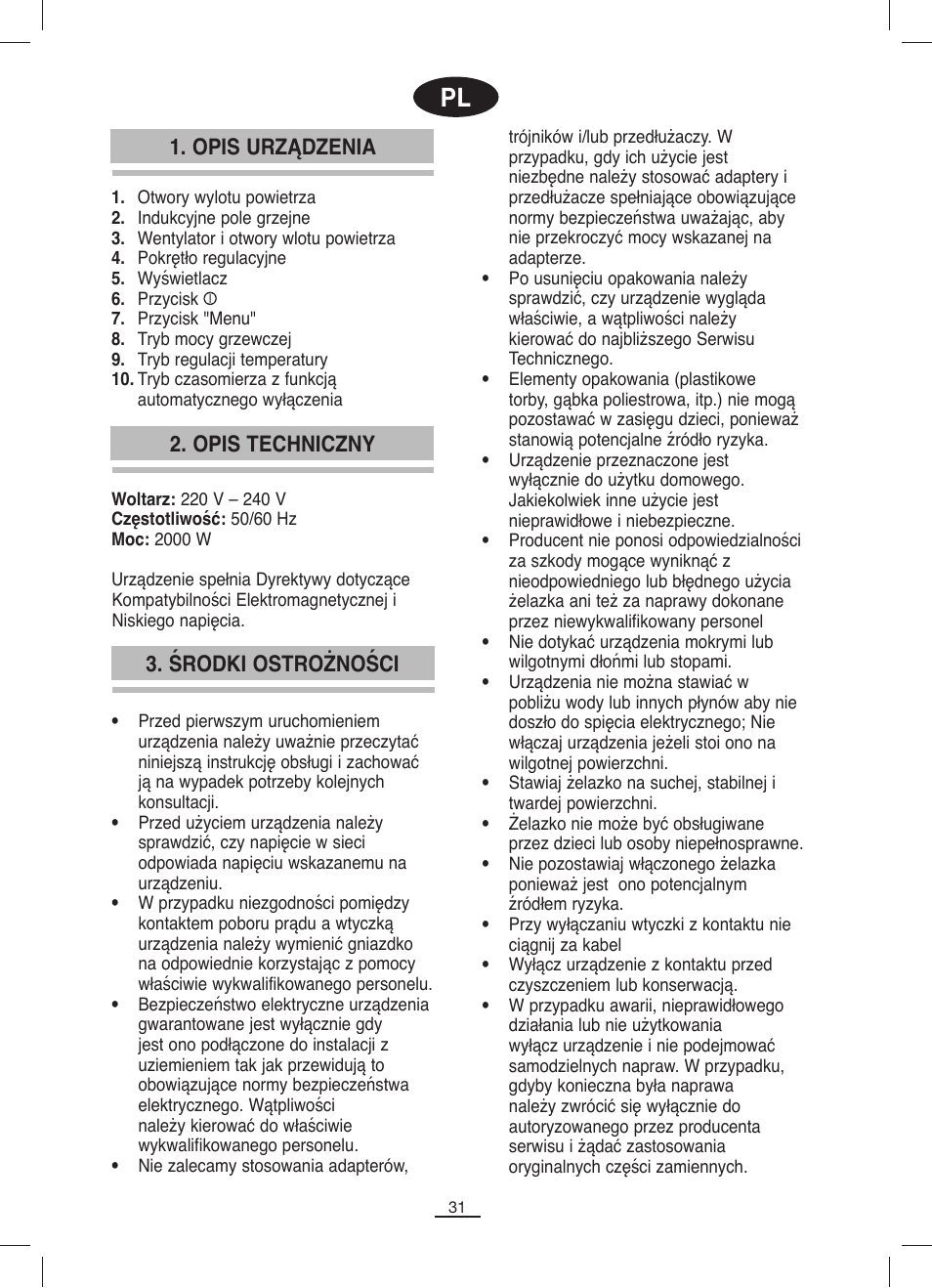 Opis urządzenia, Środki ostrożności 2. opis techniczny | Fagor IP-400B User Manual | Page 32 / 50