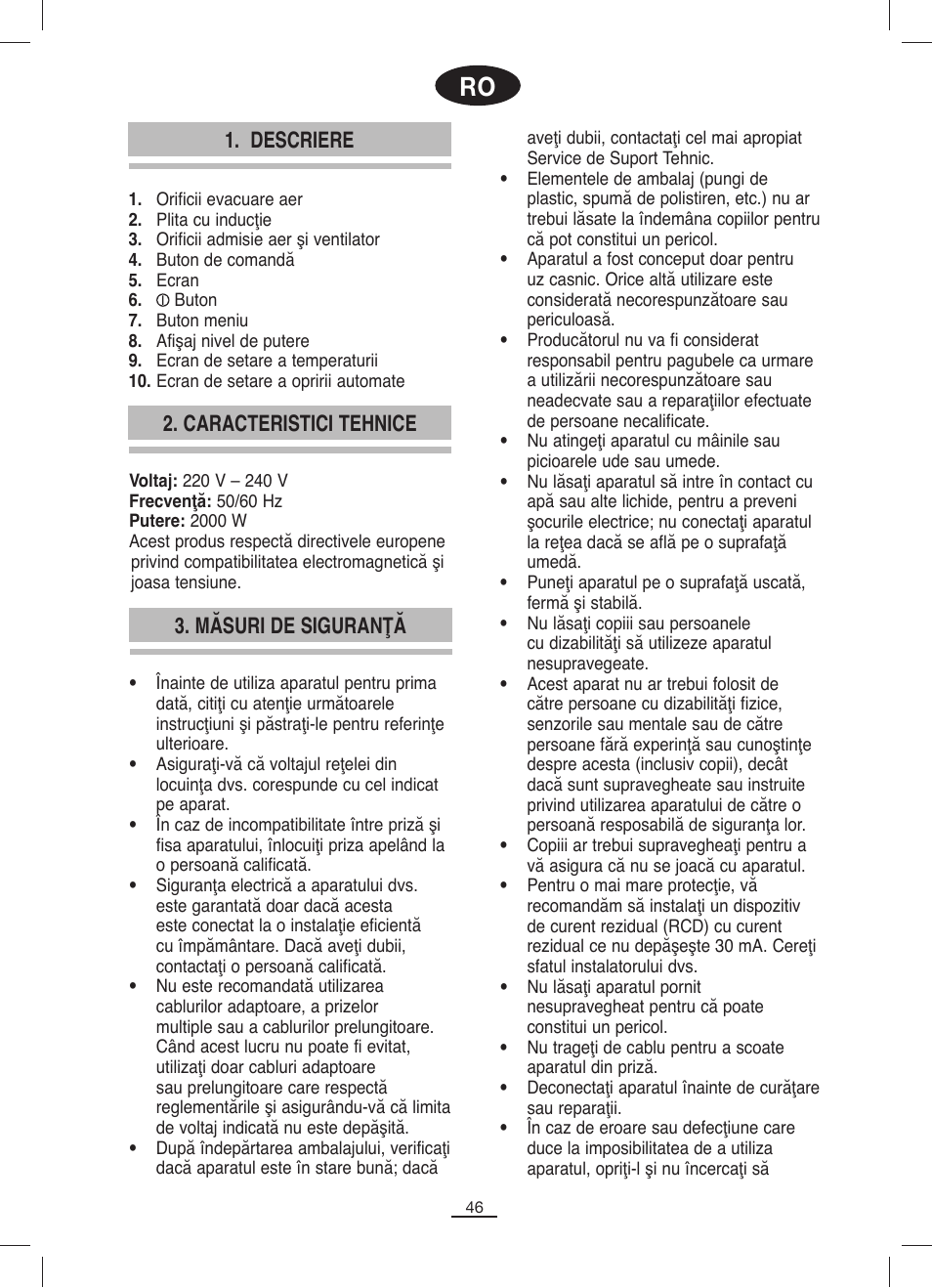 Descriere, Măsuri de siguranţă 2. caracteristici tehnice | Fagor IP-400B User Manual | Page 47 / 50