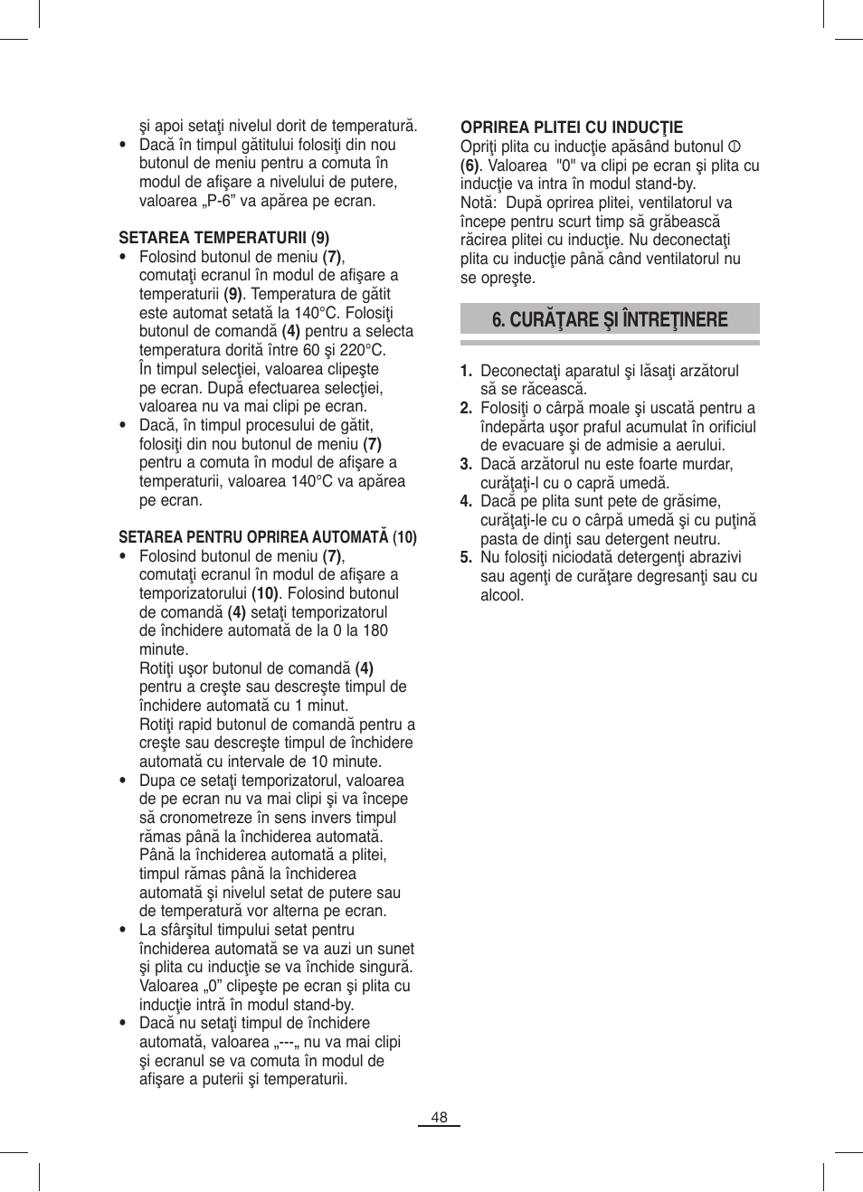 Curăţare şi întreţinere | Fagor IP-400B User Manual | Page 49 / 50