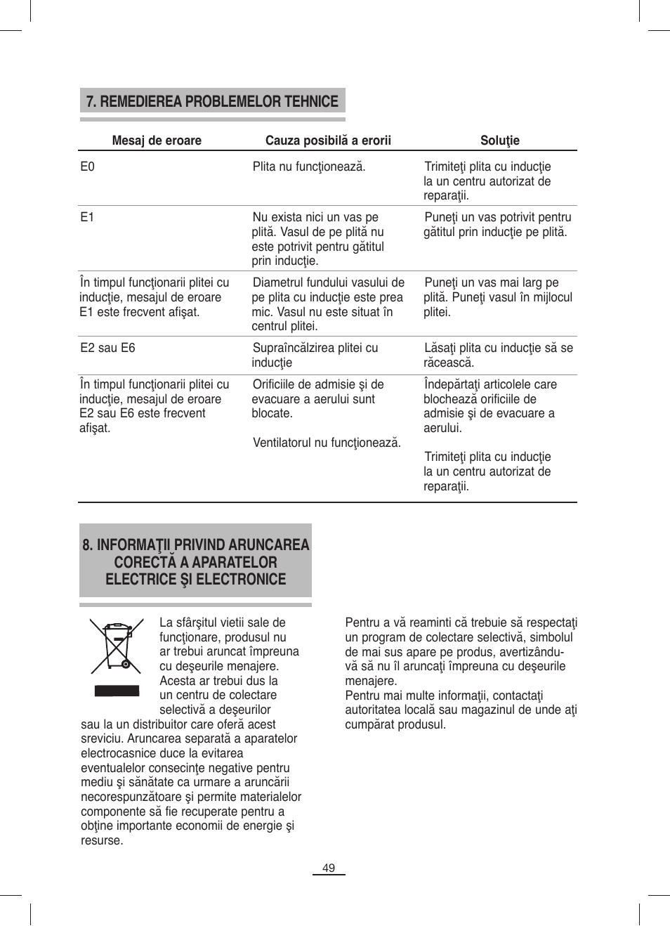 Remedierea problemelor tehnice | Fagor IP-400B User Manual | Page 50 / 50