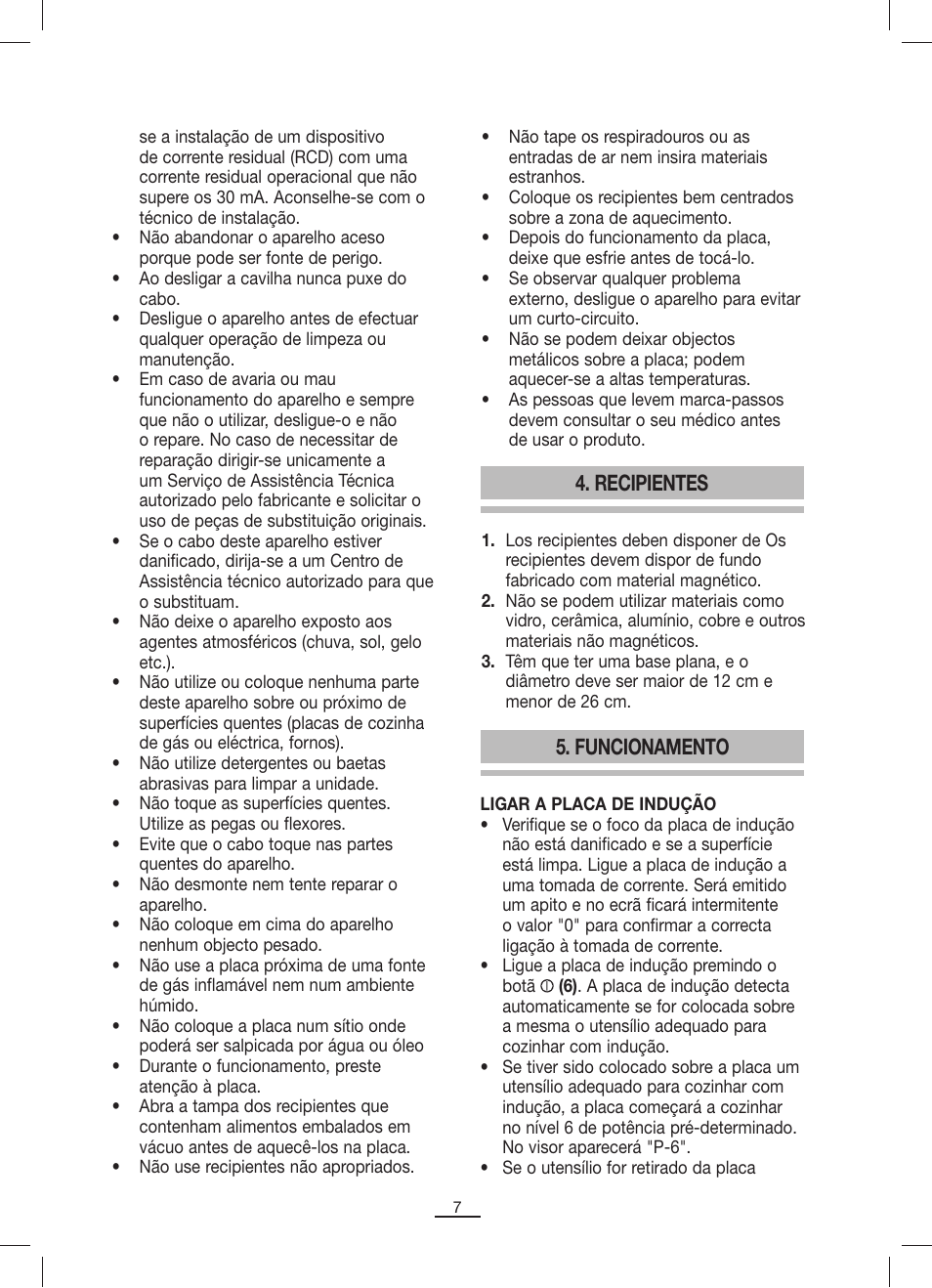 Recipientes, Funcionamento | Fagor IP-400B User Manual | Page 8 / 50