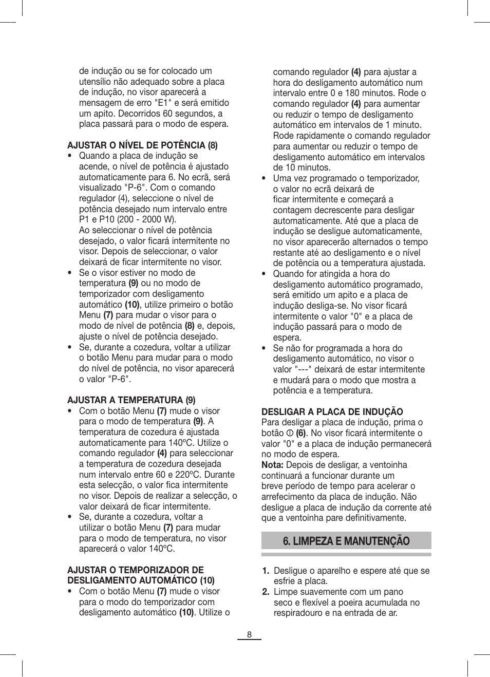 Limpeza e manutenção | Fagor IP-400B User Manual | Page 9 / 50