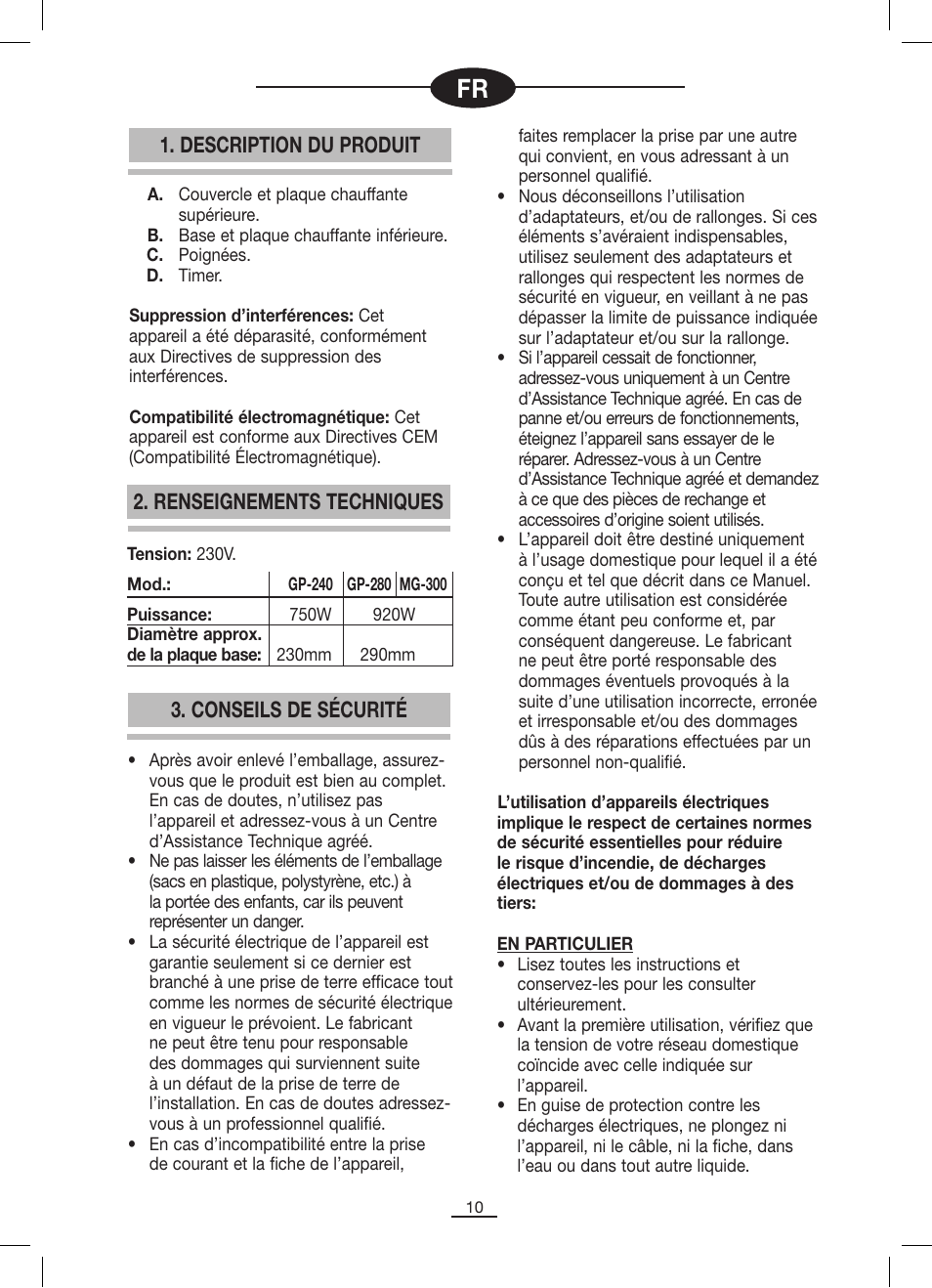 Conseils de sécurité, Description du produit, Renseignements techniques | Fagor MG-300 User Manual | Page 11 / 50