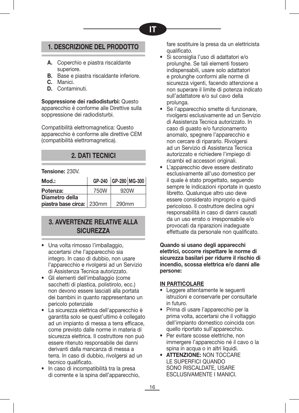 Descrizione del prodotto, Avvertenze relative alla sicurezza, Dati tecnici | Fagor MG-300 User Manual | Page 17 / 50