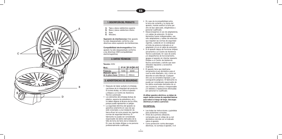 Ac b d, Descripción del producto, Datos técnicos 3. advertencias de seguridad | Fagor MG-300 User Manual | Page 2 / 50