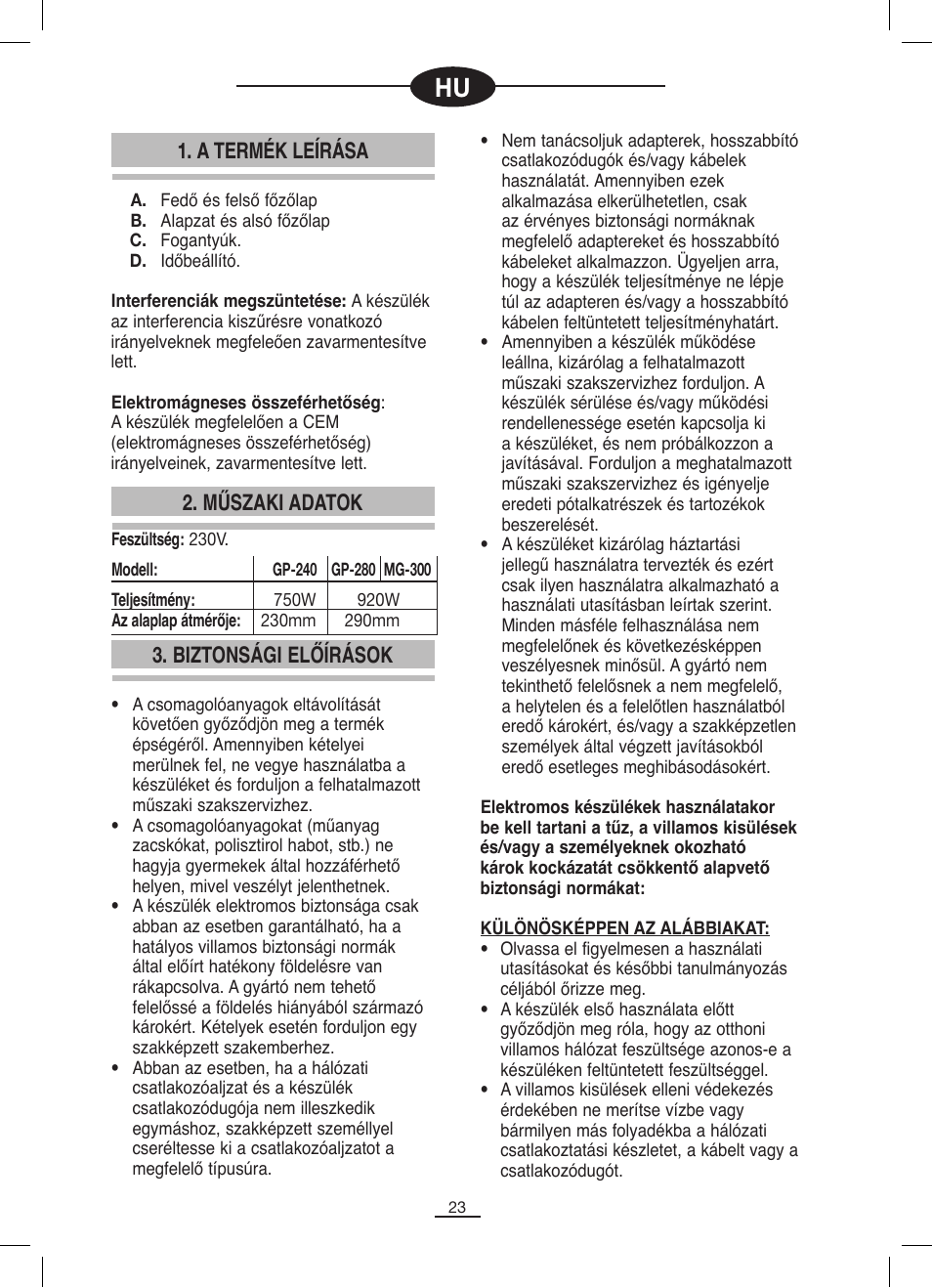 A termék leírása, Biztonsági előírások 2. műszaki adatok | Fagor MG-300 User Manual | Page 24 / 50