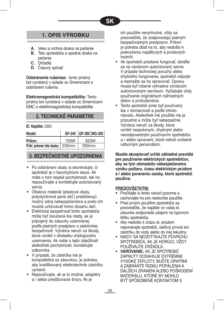 Opis výrobku 3. bezpečnostné upozornenia, Technické parametre | Fagor MG-300 User Manual | Page 30 / 50