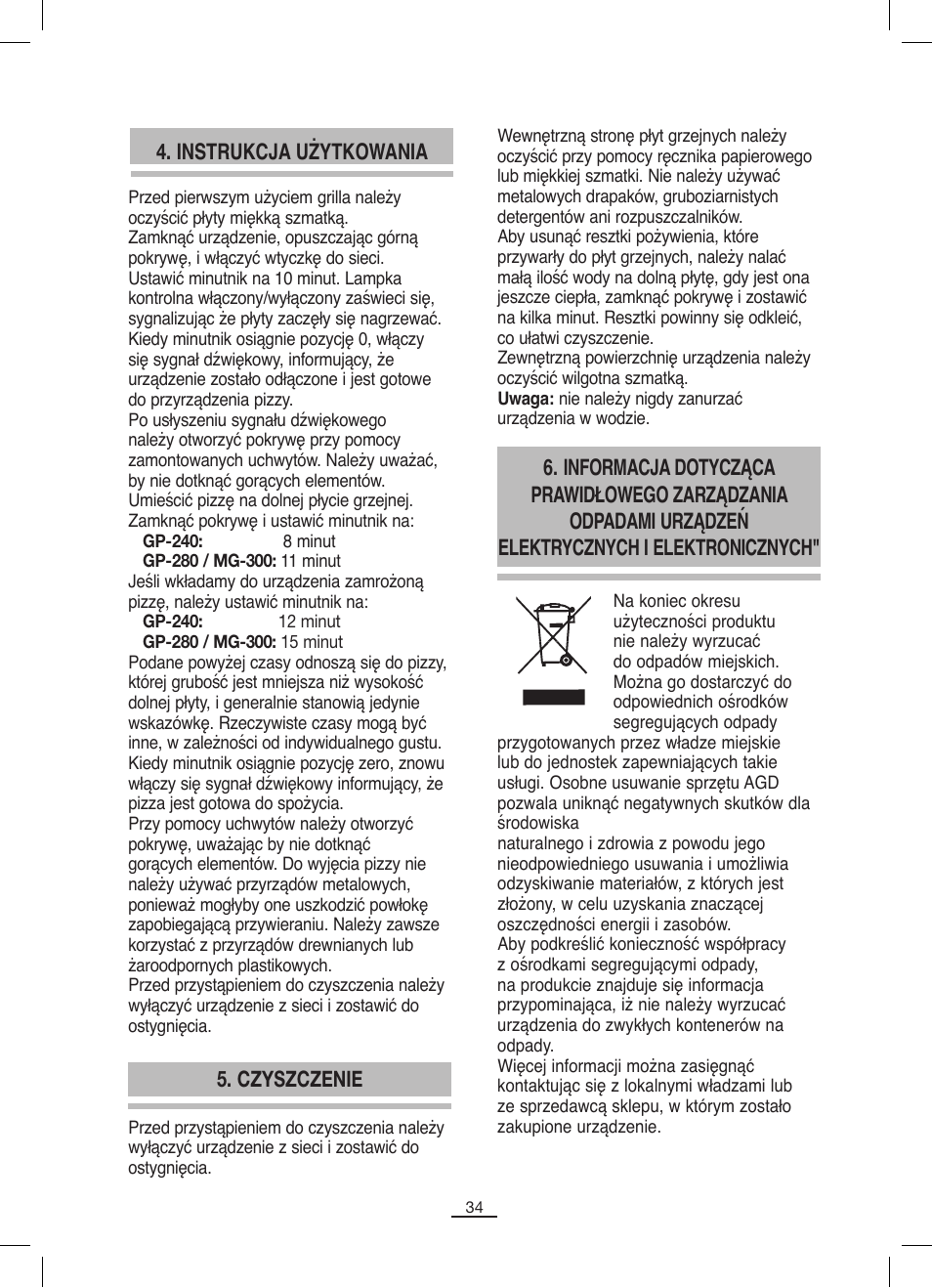 Instrukcja użytkowania, Czyszczenie | Fagor MG-300 User Manual | Page 35 / 50