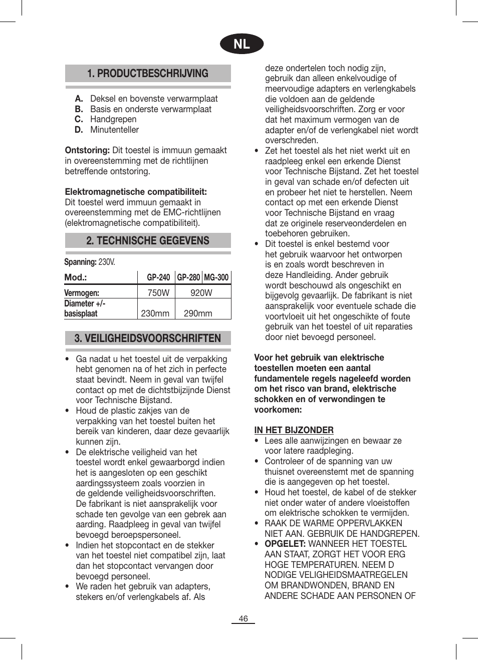 Productbeschrijving, Veiligheidsvoorschriften 2. technische gegevens | Fagor MG-300 User Manual | Page 47 / 50