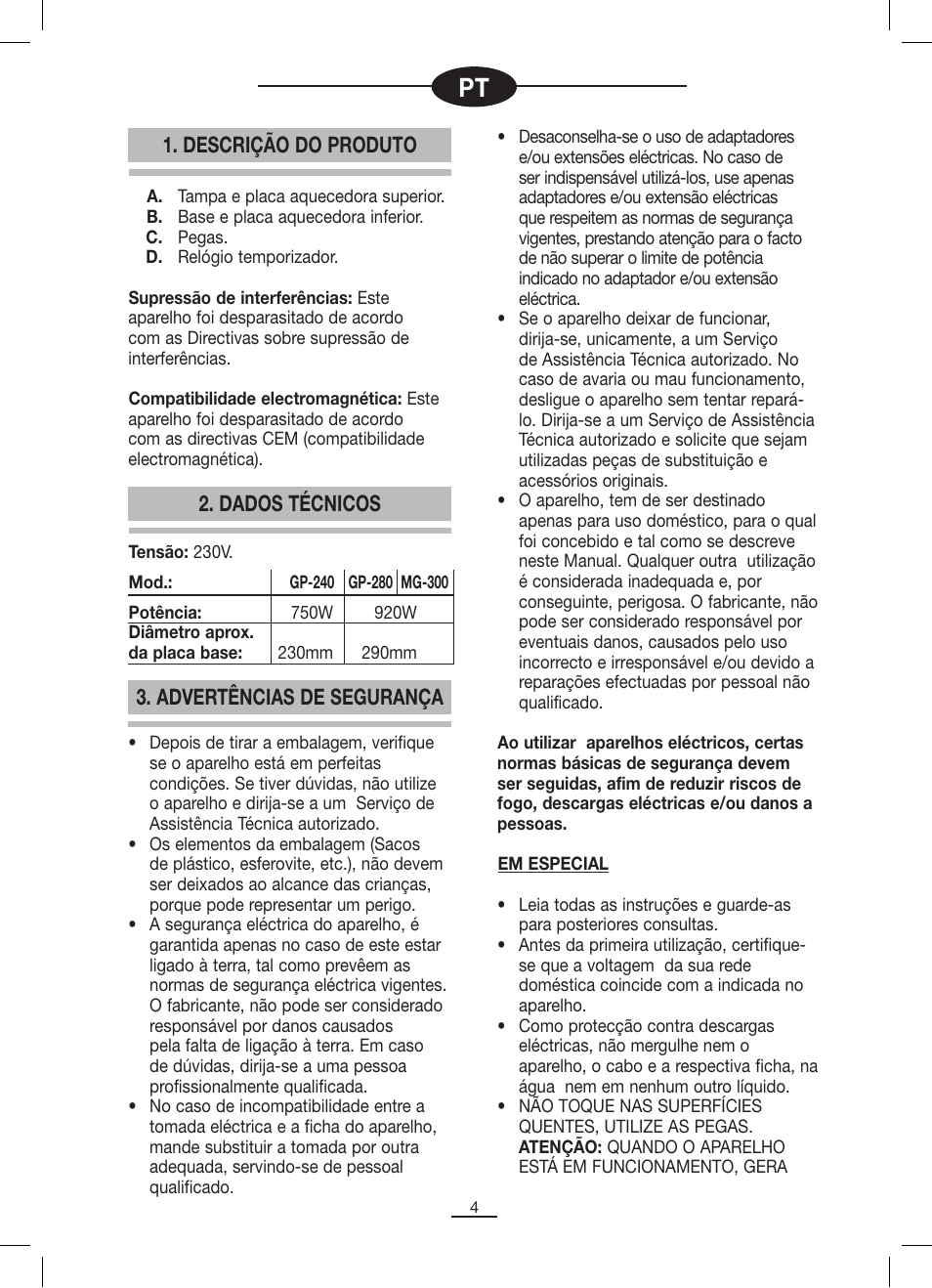 Descrição do produto, Advertências de segurança, Dados técnicos | Fagor MG-300 User Manual | Page 5 / 50