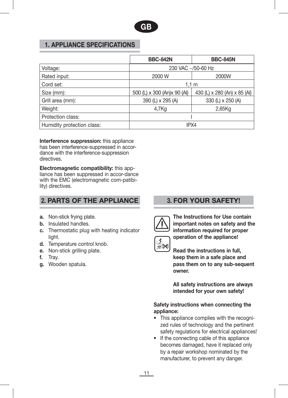 Appliance specifications 2. parts of the appliance, For your safety | Fagor BBC-842N User Manual | Page 13 / 70