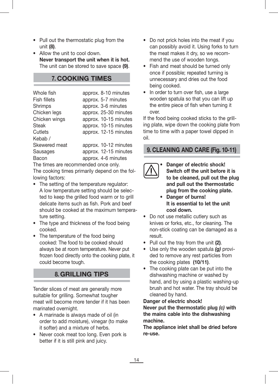 Cooking times, Grilling tips, Cleaning and care (fig. 10-11) | Fagor BBC-842N User Manual | Page 16 / 70