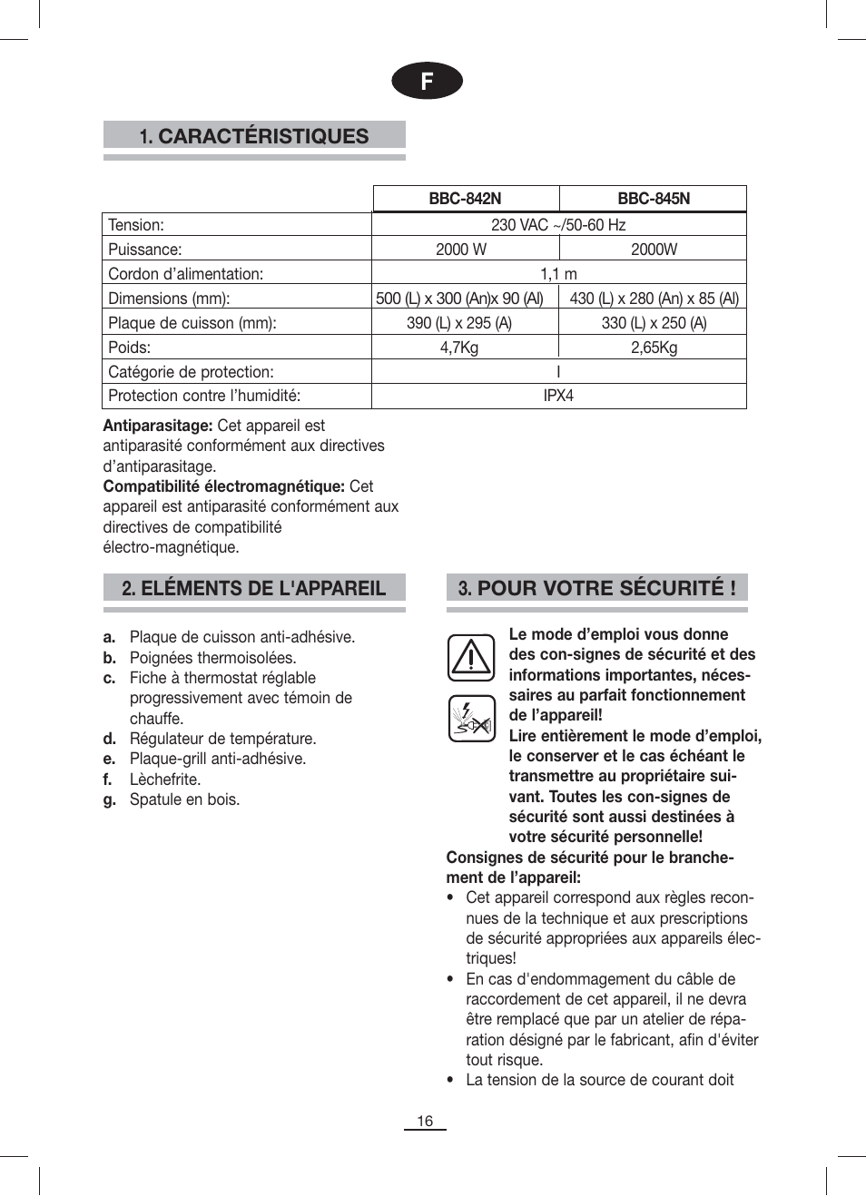 Caractéristiques 2. eléments de l'appareil, Pour votre sécurité | Fagor BBC-842N User Manual | Page 18 / 70